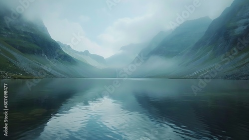  A serene lake reflecting the surrounding mountains, embodying the harmony of nature. 