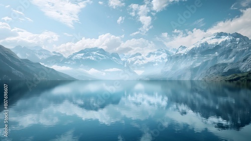  A serene lake reflecting the surrounding mountains, embodying the harmony of nature.   © Zestify