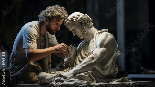 Roman sculptor crafts statue of revered deity infusing marble form with divine beauty