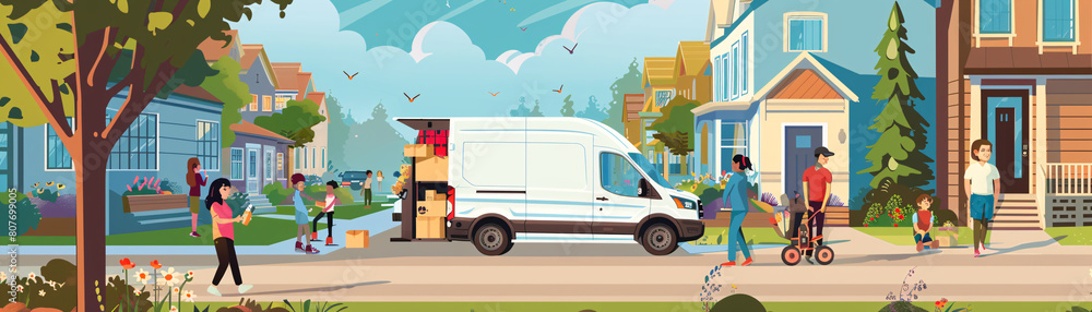Eco-friendly hybrid delivery van unloading packages in residential neighborhood, with families and children playing outside