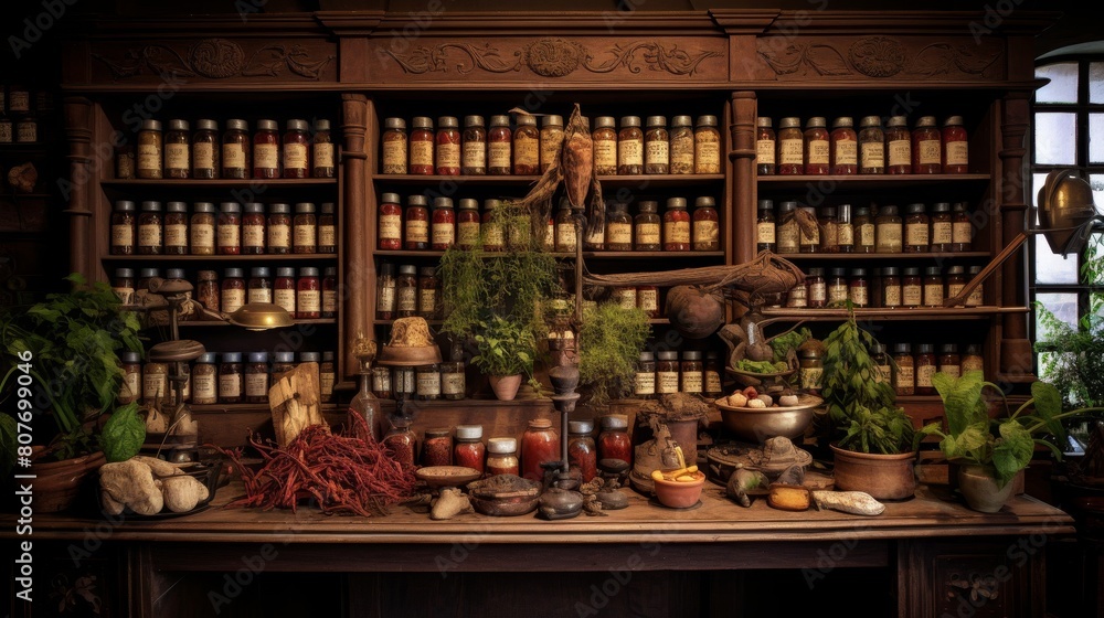Roman apothecary's shop showcases herbs spices and exotic remedies on shelves Roman apothecary's shop showcases herbs spices and exotic remedies on shelves