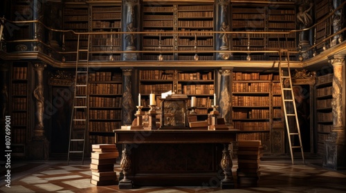 Roman scholar's private library housing ancient scrolls manuscripts and rare volumes photo