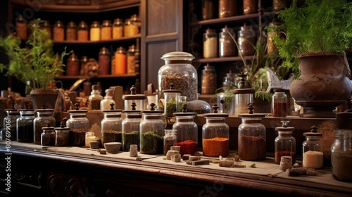Roman apothecary's shop exhibits variety of herbs spices and exotic remedies on shelves