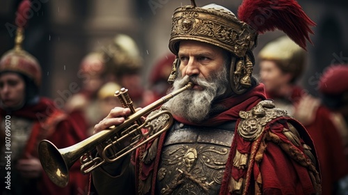 Roman musician plays Roman trumpet or 'cornu' in military procession