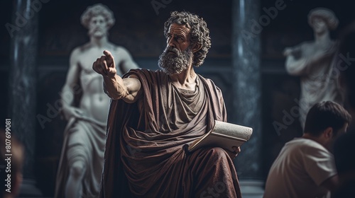 Roman philosopher delves into profound ideas with students engaging in philosophical discussion photo