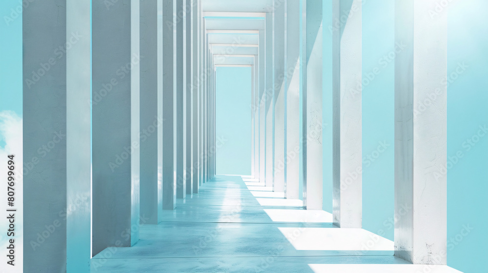 Widescreen minimalistic architecture, white and light blue, featuring unique angled columns for banner Widescreen minimalistic architecture, white and light blue, featuring unique angled columns for banner
