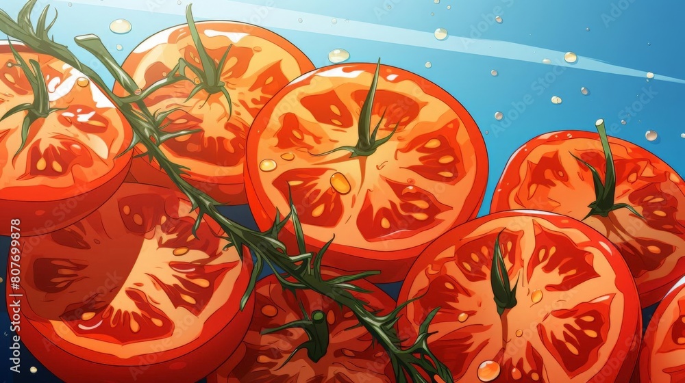 a vibrant illustration of sliced tomatoes and lemons on a dark background. The bright colors of the fruits contrast beautifully against the dark backdrop a vibrant illustration of sliced tomatoes and lemons on a dark background. The bright colors of the fruits contrast beautifully against the dark backdrop