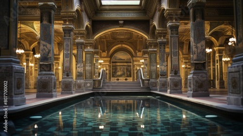 Roman bathhouse's luxurious interior with mosaic pool and statues