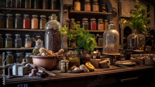 Roman herbalist's stall displaying healing herbs © javier