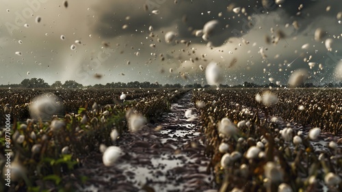  A dramatic scene of heavy hail pelting down on crops, highlighting the vulnerability of agriculture to extreme weather events on World Environment Day. 