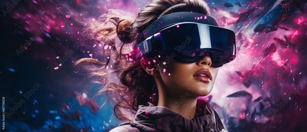 Futuristic VR experience visualized through a young woman with glowing pink digital effects Futuristic VR experience visualized through a young woman with glowing pink digital effects