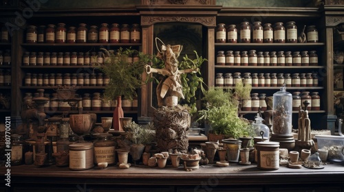 Roman apothecary's shop with herbs and remedies