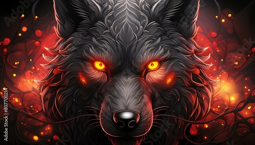 a wolf with yellow eyes and a black background with a red glow on its face and a black background with a red glow on its eyes.