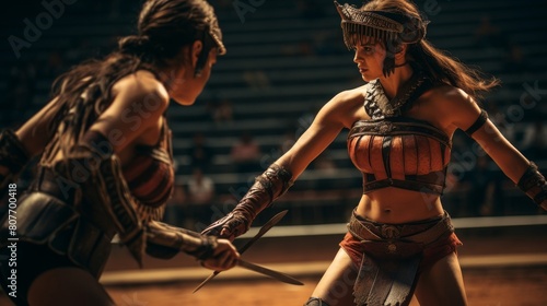 Female gladiatrix facing fierce combatant in arena photo