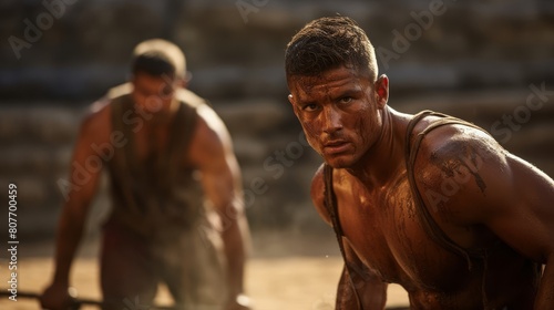 Gladiator training in ludus with wooden weapons