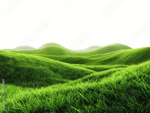 Vibrant green grass covering soft rolling hills symbolizing growth and tranquility. © cherezoff