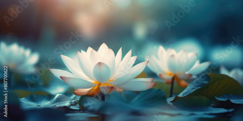 White Lotus flower. Lotus flowers in the pond. Beautiful nature background. Blooming Water lily flowers in the lake