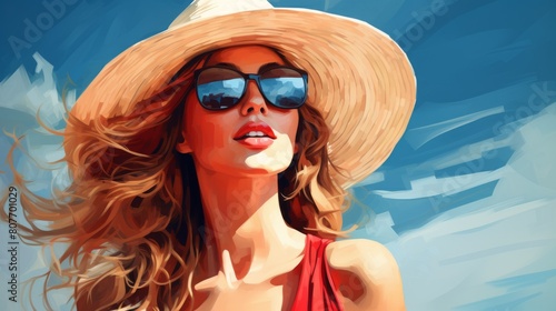 Beautiful young woman smiling happily at the sun wearing a big hat, vacation and travel concept.
