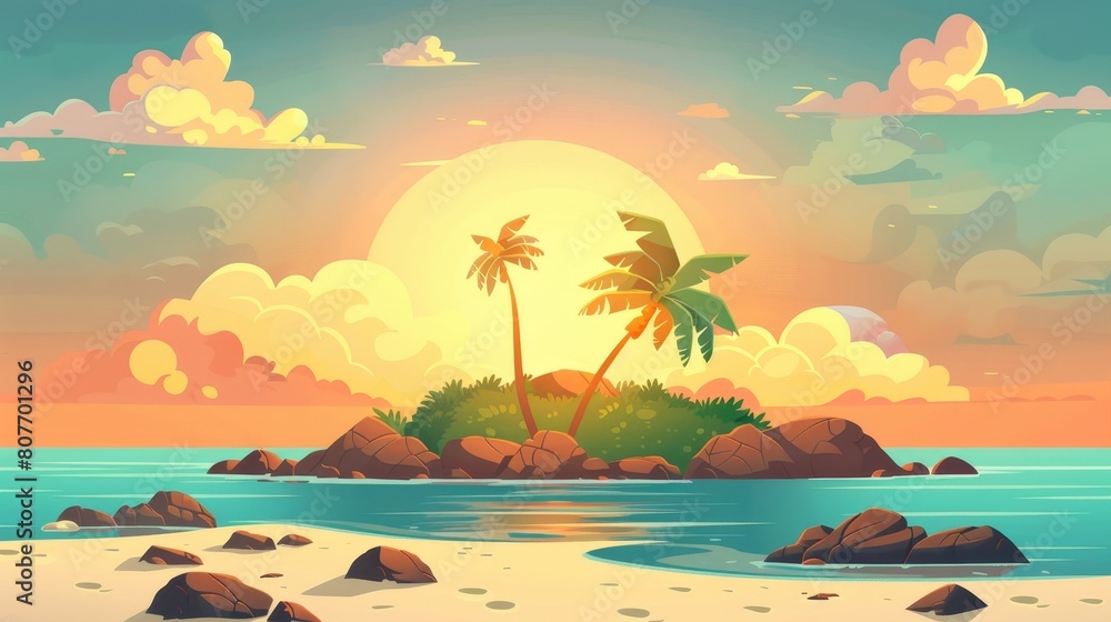 Sea beach, small island in water with rocks, and rising sun at morning. Modern parallax background with layers of cartoon sunrise landscapes of ocean or lake coastlines, sand shore with stones.