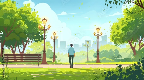 Cartoon modern illustration of a man walking in a city park enjoying nature, relaxing at a bench, bringing in fresh air during an unhurried stroll, surrounded by city lights, and viewing a cityscape. photo