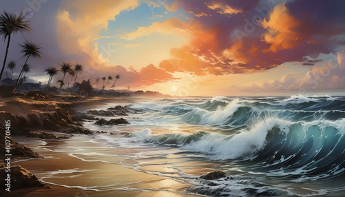 a painting of a sunset over the ocean with waves crashing on the shore and clouds in the sky over the ocean and the beach area