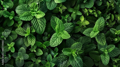 Lush, vibrant green leaves of mint and other herbs densely packed in a full frame image.