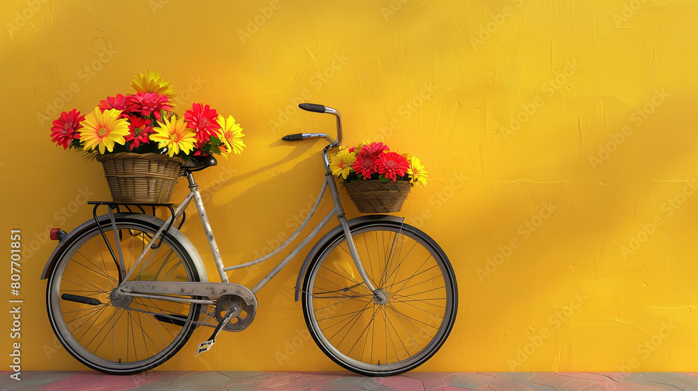 idyllic scene of a bicycle with a basket filled with vibrant flowers, standing against a bright yellow wall