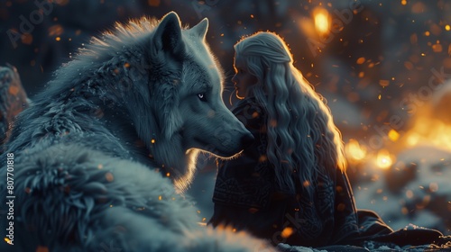 wolf on the snowy mountains with the snow princess photo