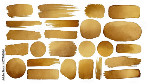 set of watercolor golden brush strokes isolated on transparent background