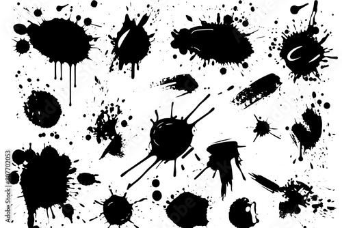 Ink Splatter Vector Set  Grunge Stains  Drops  and Splashes in Black and White.