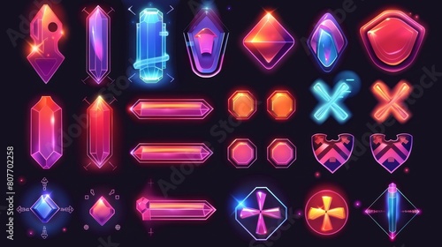 UI design elements, menu and assets for sci-fi-inspired games. Modern cartoon set of futuristic game UI elements, bars of health, money and energy.