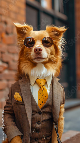 Dapper dog strolls through the city streets in tailored fashion, a charismatic blend of street style. © Tatiana