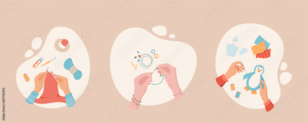 Fototapeta premium Cartoon creative DIY art workshop scene set, colorful hands make craftwork top view banner, handicraft knitting work hobby concept, handmade weaving handcraft activity class vector collection,