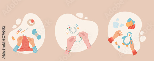 Cartoon creative DIY art workshop scene set, colorful hands make craftwork top view banner, handicraft knitting work hobby concept, handmade weaving handcraft activity class vector collection,