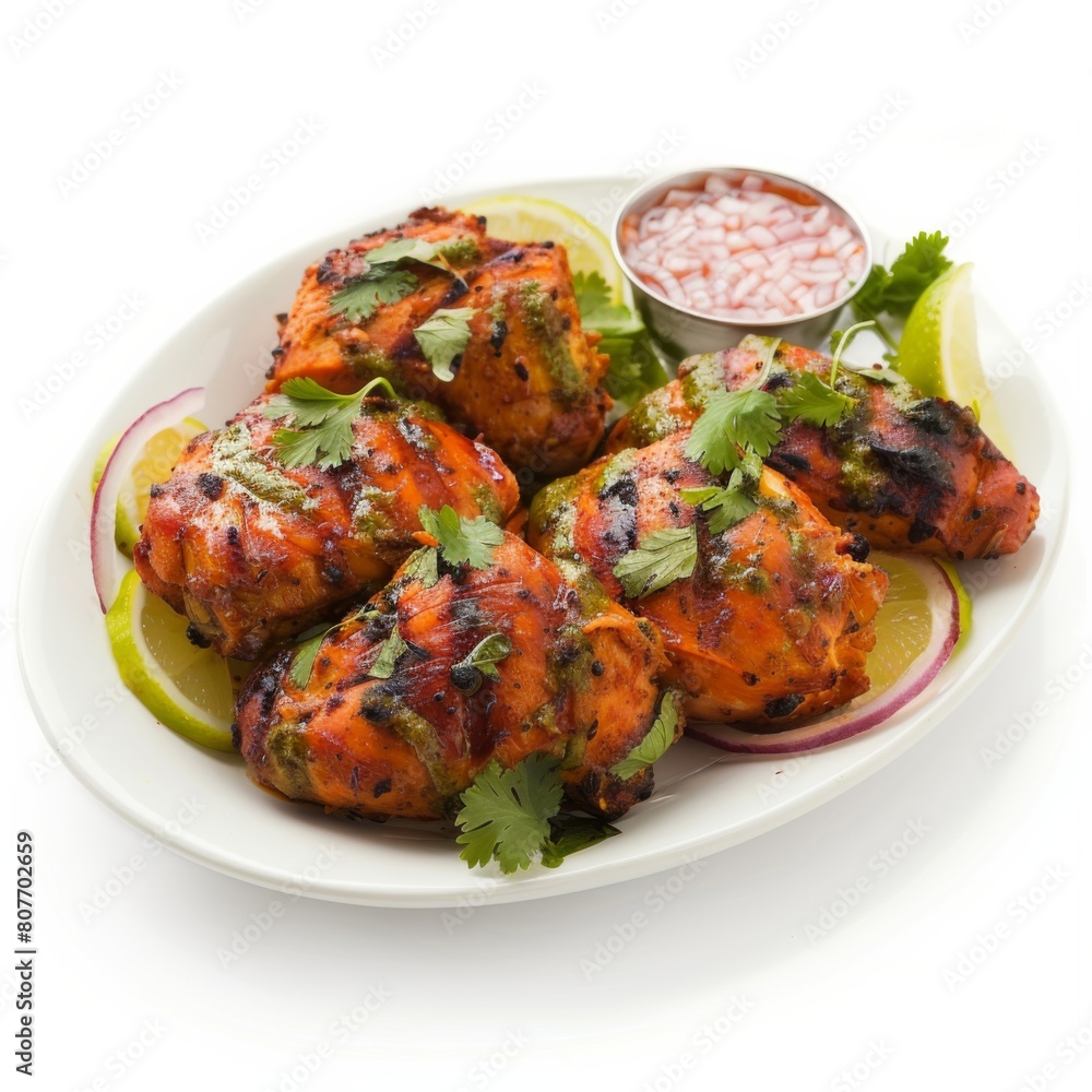 A white plate featuring succulent chicken wings, topped with fragrant cilantro leaves A white plate featuring succulent chicken wings, topped with fragrant cilantro leaves