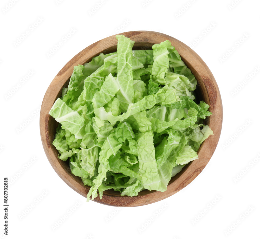 Shredded fresh Chinese cabbage in bowl isolated on white, top view Shredded fresh Chinese cabbage in bowl isolated on white, top view