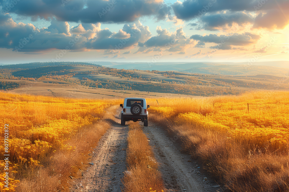 Fototapeta premium Traveler in a car cruising along a rural road flanked by golden fields under a blue sky.. AI generated.
