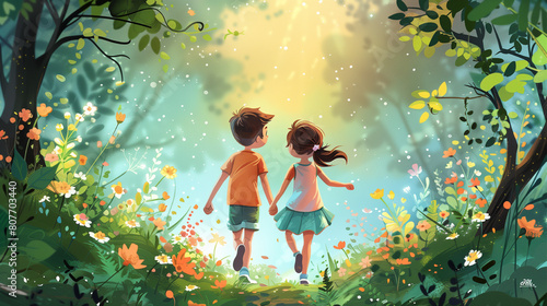  a girl and a boy are running through the forest holding hands.