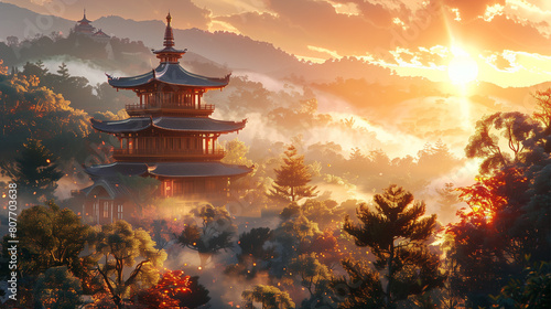 : beautiful landscape of a Chinese temple in the middle of the forest. © Nata