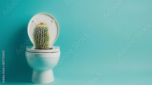 cactus in the toilet on a blue background with space for text, hemorrhoids problem concept photo
