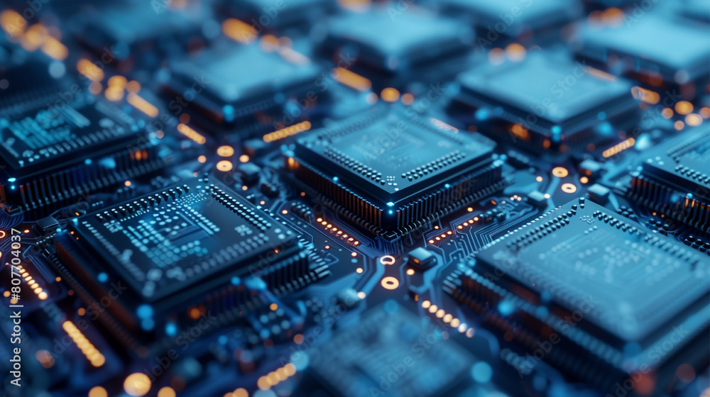 A close up of a computer chip with many glowing lights. Concept of technology and complexity A close up of a computer chip with many glowing lights. Concept of technology and complexity