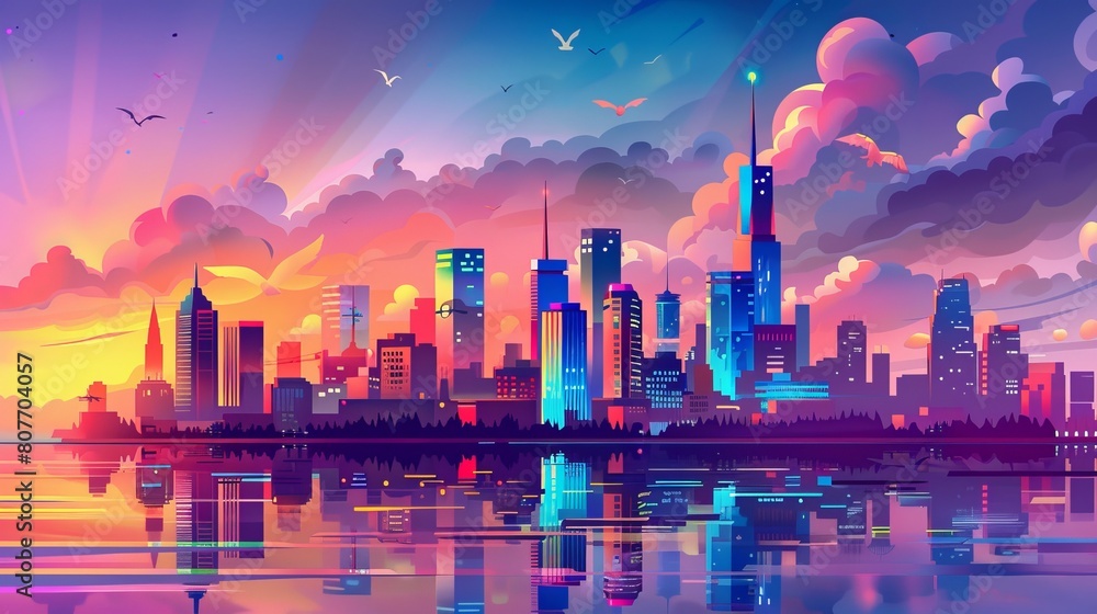 An illustration of sunset city skyline architecture near waterfront. Modern megapolis with skyscrapers reflected in water surface and birds flying in a cloudy purple and pink sky with birds. Cartoon An illustration of sunset city skyline architecture near waterfront. Modern megapolis with skyscrapers reflected in water surface and birds flying in a cloudy purple and pink sky with birds. Cartoon