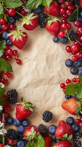 Fresh berries arranged beautifully on a crinkled paper background with ample copy space.
