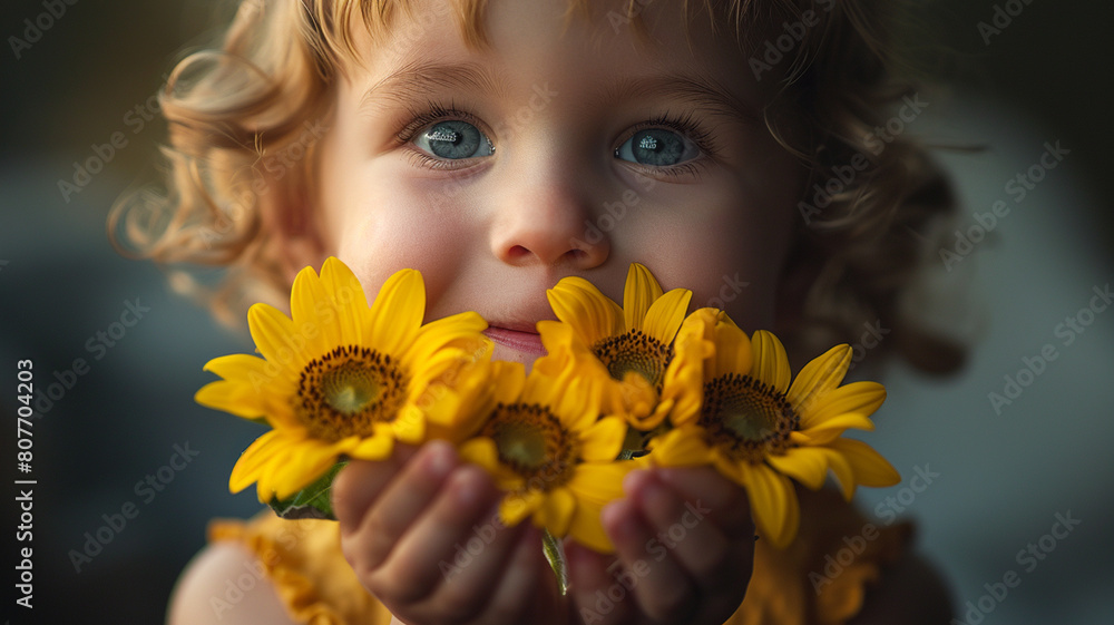 A heartwarming image of a child holding a handful of sunflower petals