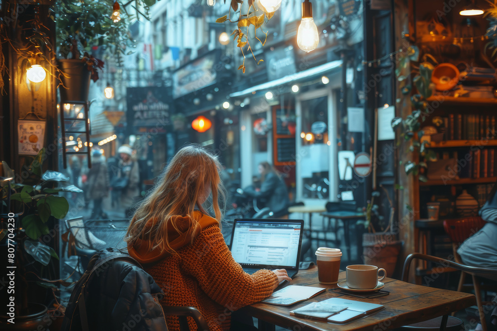 A writer focused on typing at a laptop in a serene, dimly lit and cozy cafe with few patrons.. AI generated. A writer focused on typing at a laptop in a serene, dimly lit and cozy cafe with few patrons.. AI generated.