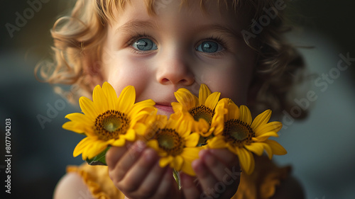 A heartwarming image of a child holding a handful of sunflower petals