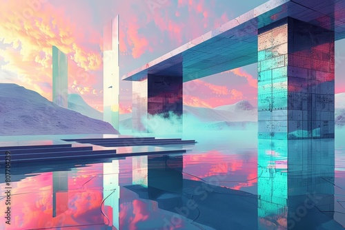 Conceive of a futuristic stadium by a tranquil lake, where water reflects a digital aurora, presented in an abstract art style with designated text spaces