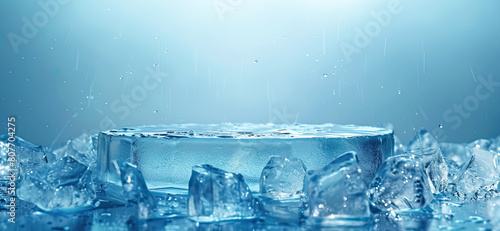 ice cube crystal surface dais, empty podium, product display stage pedestal, platform mockup on blue background. banner for cold frozen cool fresh food or drink beverage exposition presentation