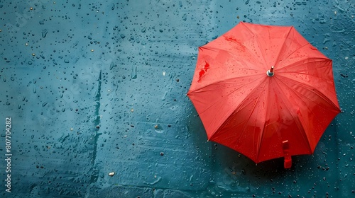 Vibrant red umbrella sheltering against a rainy day  cheerful and protective.