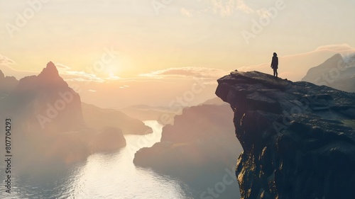  The silhouette of a person standing on a rocky cliff, gazing out at a vast expanse of untouched wilderness.   © Zestify